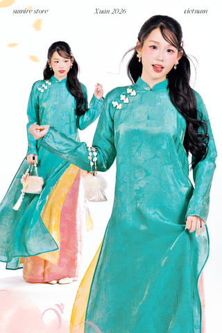 Áo dài tà đôi Vạn Xuân - Xanh ngọc lơ
