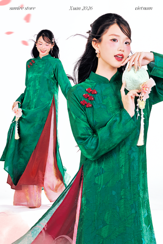 Áo dài tà đôi Vạn Xuân - Xanh lông công