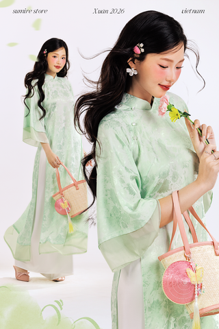 Áo dài gấm dáng suôn Yên Vân - Xanh mint