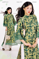 Áo dài gấm dáng suôn Yên Vân - Xanh lá đậm
