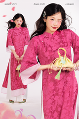 Áo dài gấm dáng suôn Yên Vân - Hồng sen