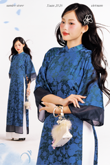 Áo dài gấm dáng suôn Yên Vân - Xanh navy