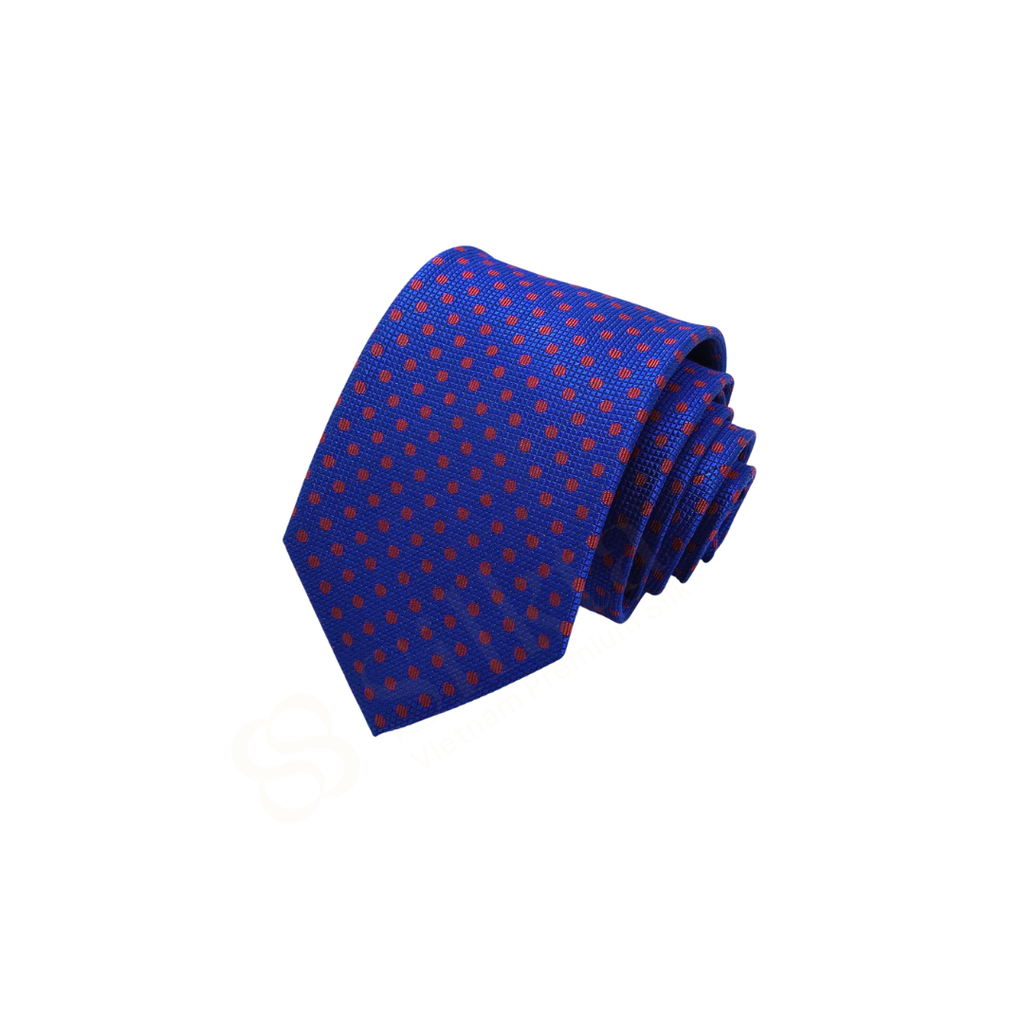 Cà vạt 100% lụa tơ tằm tự nhiên - màu xanh - chấm bi đỏ