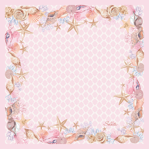 Pink Ocean Dance - Khăn lụa tơ tằm tự nhiên họa tiết ốc biển, sao biển 90*90cm