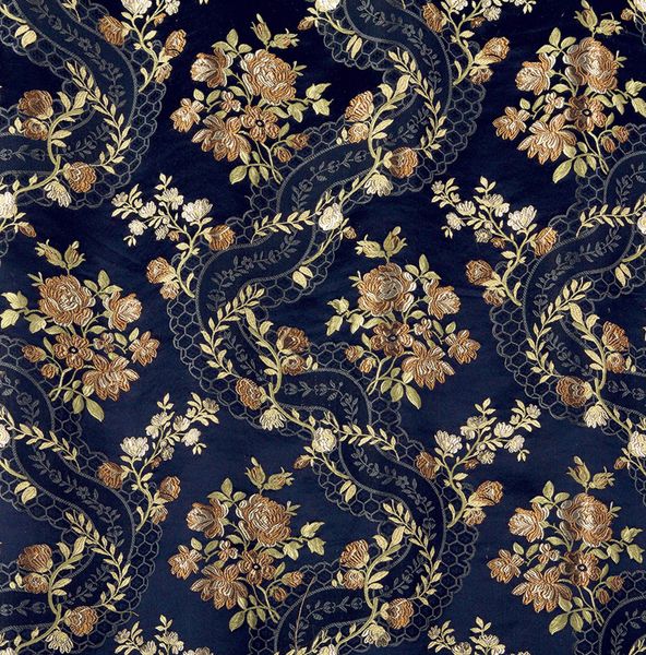 Vải BLU NOTTE REALE RIBBON DAMASK LZ22155 họa tiết damask uốn lượn kết hợp ribbon cổ điển, sắc xanh đêm quý phái.