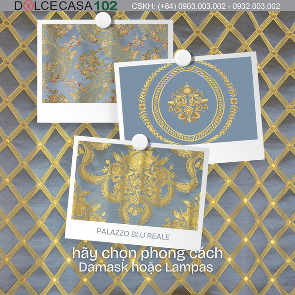 Vải damask Palazzo Reale màu xanh hoàng gia - Made in Italy