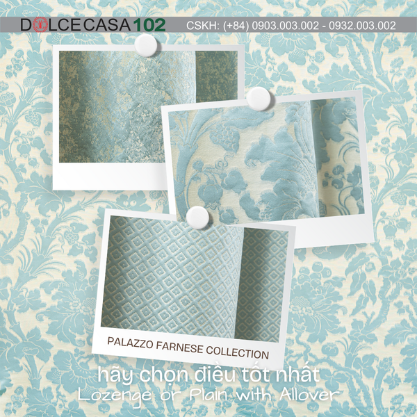 Vải damask Palazzo Acqua Polverosa - Farnese màu xanh ngọc phấn, Made in Italy