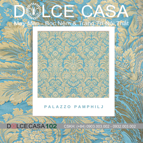 Vải damask Palazzo Acqua Polverosa - Farnese màu xanh ngọc phấn, Made in Italy