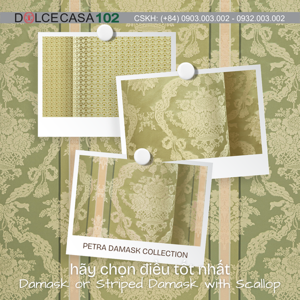 Vải damask Palazzo Petra màu xanh ô liu - Made in Italy
