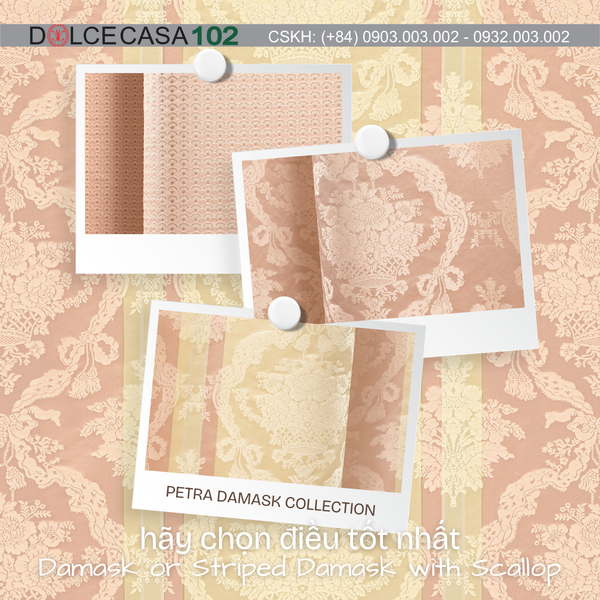 Vải damask Palazzo Petra màu hồng phấn - Made in Italy
