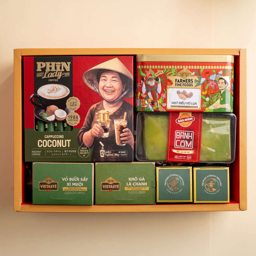  Hộp quà cà phê dừa Phin lady - tổ yến và bánh mứt hạt tone đỏ tiêu chuẩn 