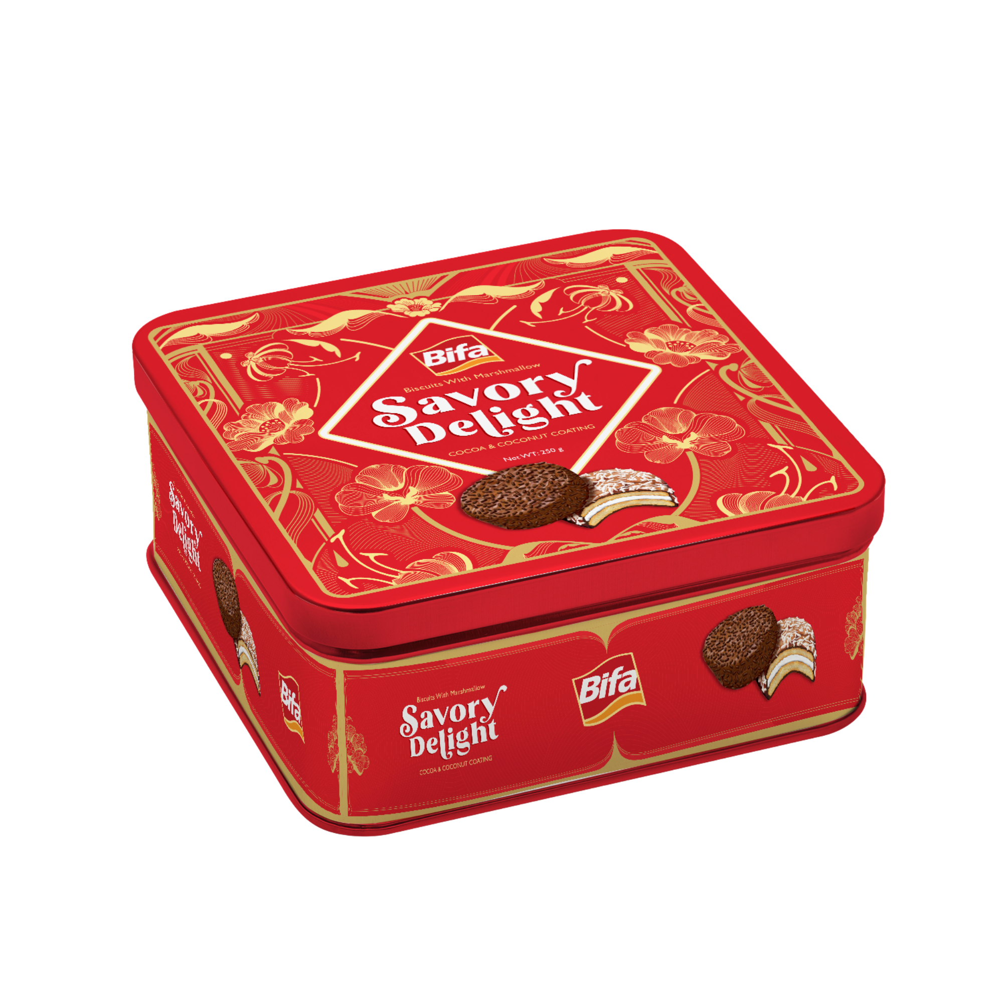  Bánh Quy Hỗn Hợp Nhân Marshmallow Phủ Ca Cao Dừa Savory Delight 250G (5 gói/ hộp thiếc) – BIFA (I0023782) 