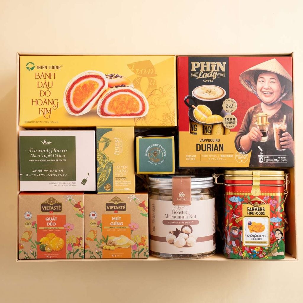  Hộp quà cà phê sầu riêng Phin lady - tổ yến chưng và mứt hạt tone kem thanh lịch 