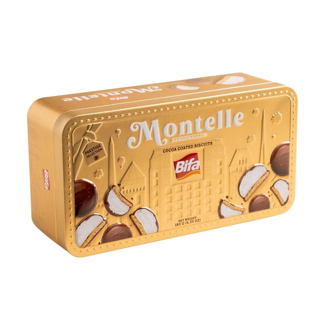  Bánh quy kẹp kẹo dẻo marshmallow phủ ca cao Montell Bifa 180 g (2 gói x 90 g / hộp thiếc) 