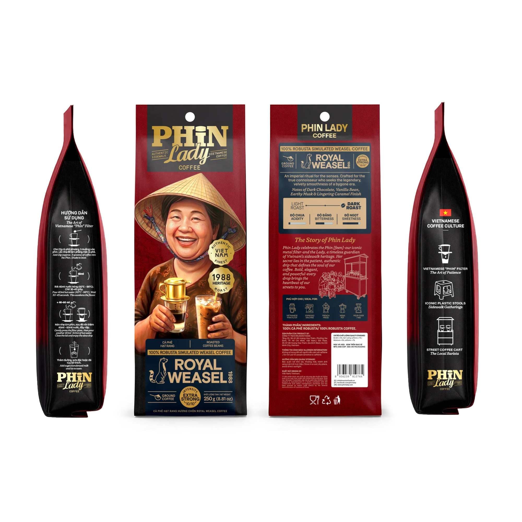  100% Robusta | Cà phê bột Royal Weasel 1998 hương chồn Phin Lady 250 g (Túi) 