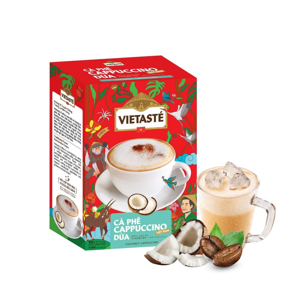  Cà phê Cappuccino dừa Vietasté 102 g (17 g x 6) (Hộp giấy) 