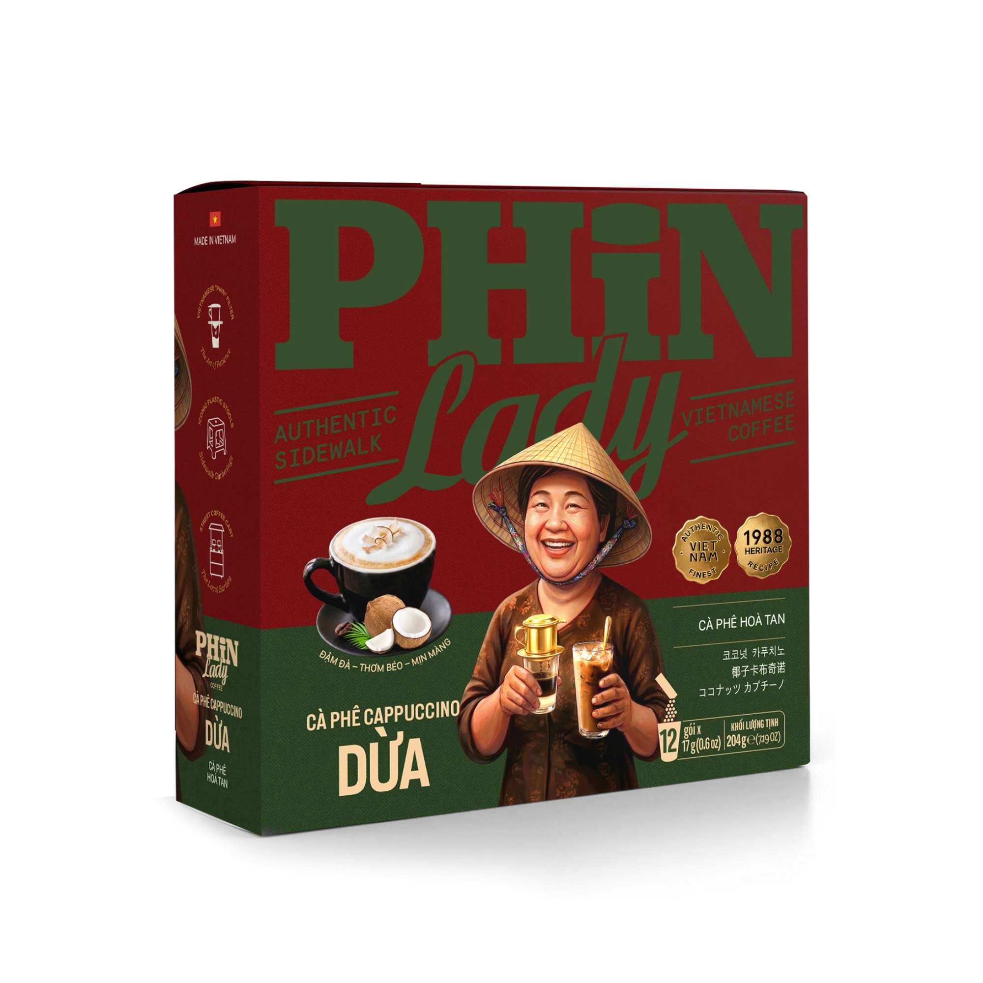  Cà Phê Hòa Tan Cappuccino Dừa Phin Lady (17g x 12) (Hộp giấy) 