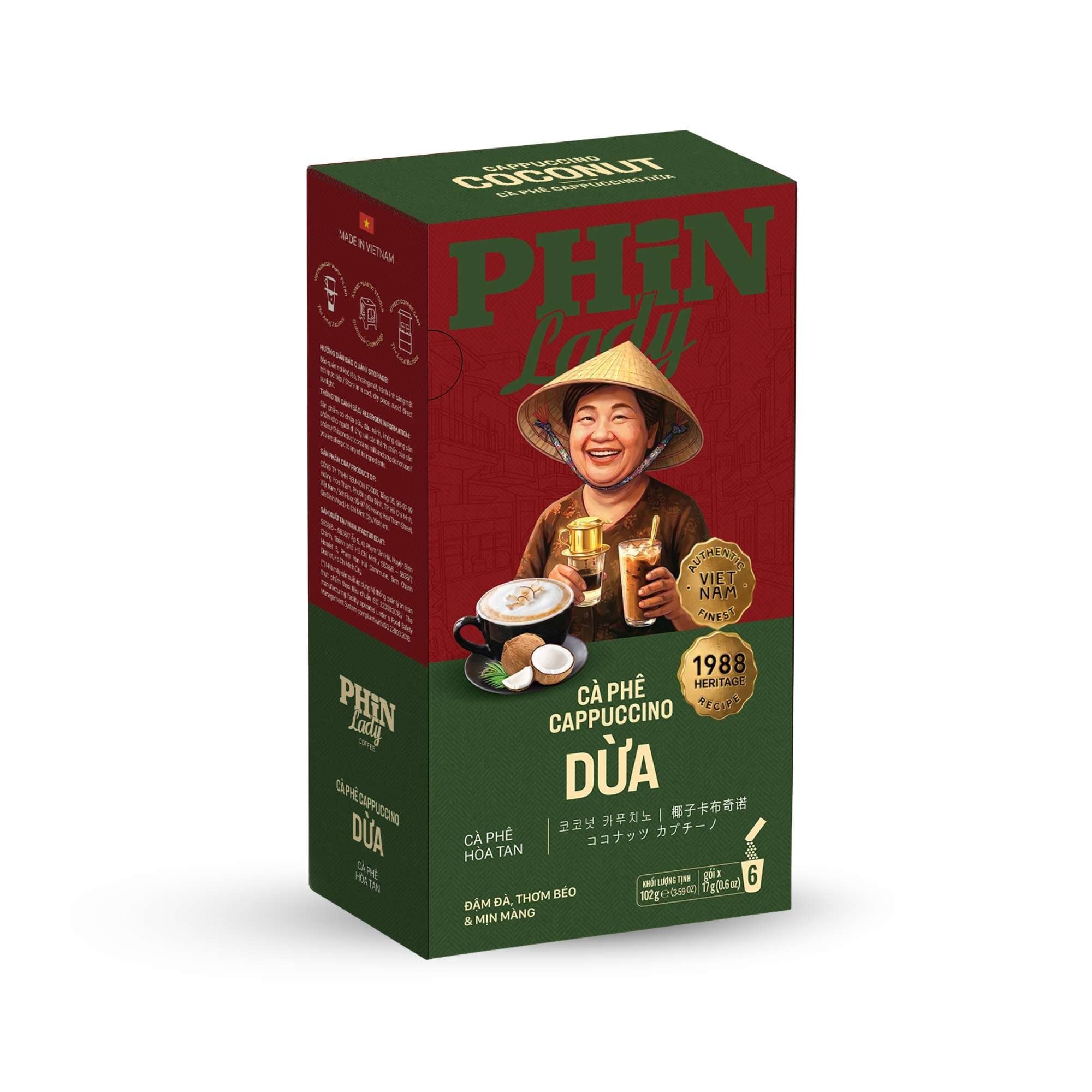  Cà Phê Hòa Tan Cappuccino Dừa Phin Lady (17g x 6) (Hộp giấy) 