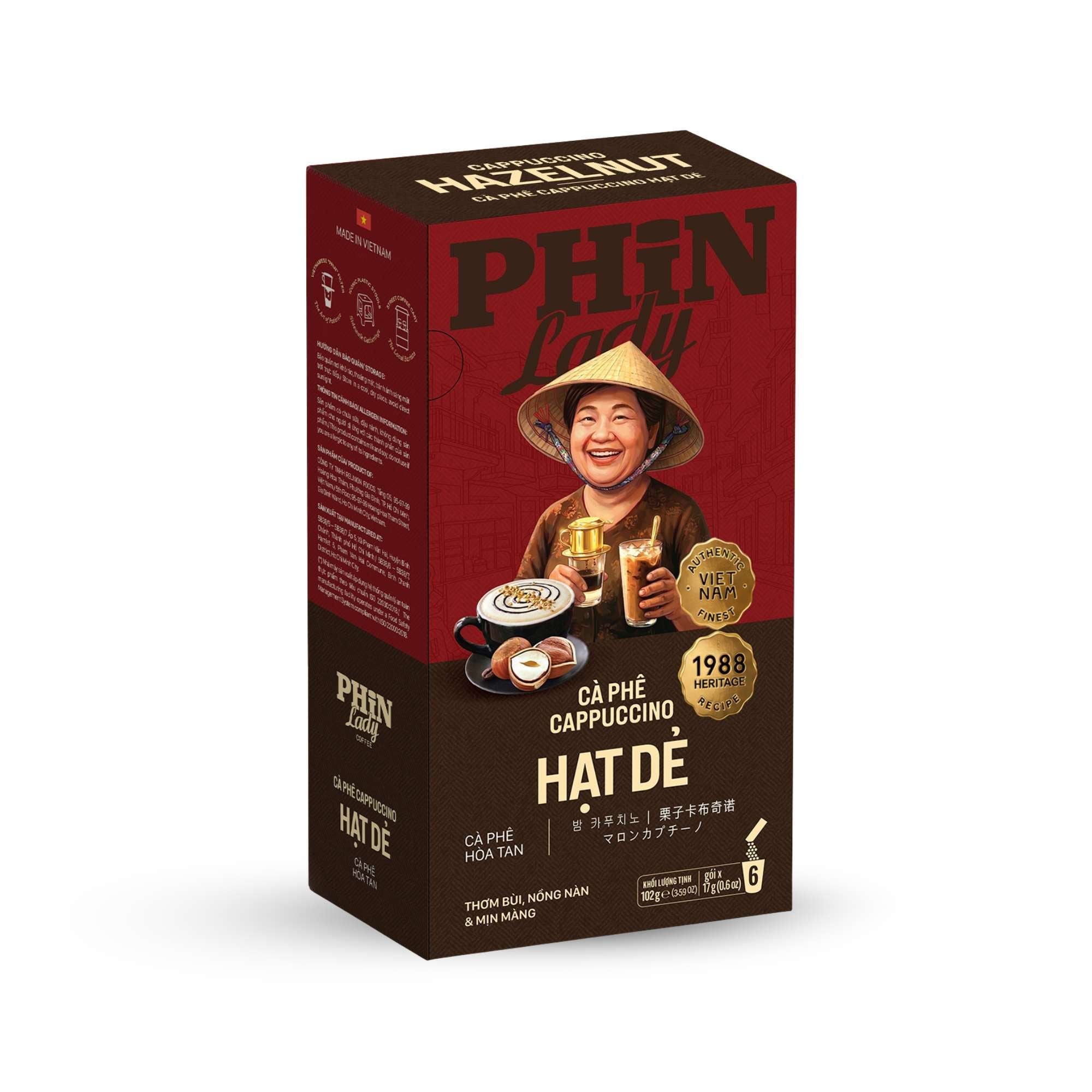  Cà Phê Hòa Tan Cappuccino Hạt Dẻ Phin Lady (17g x 6) (Hộp giấy) 