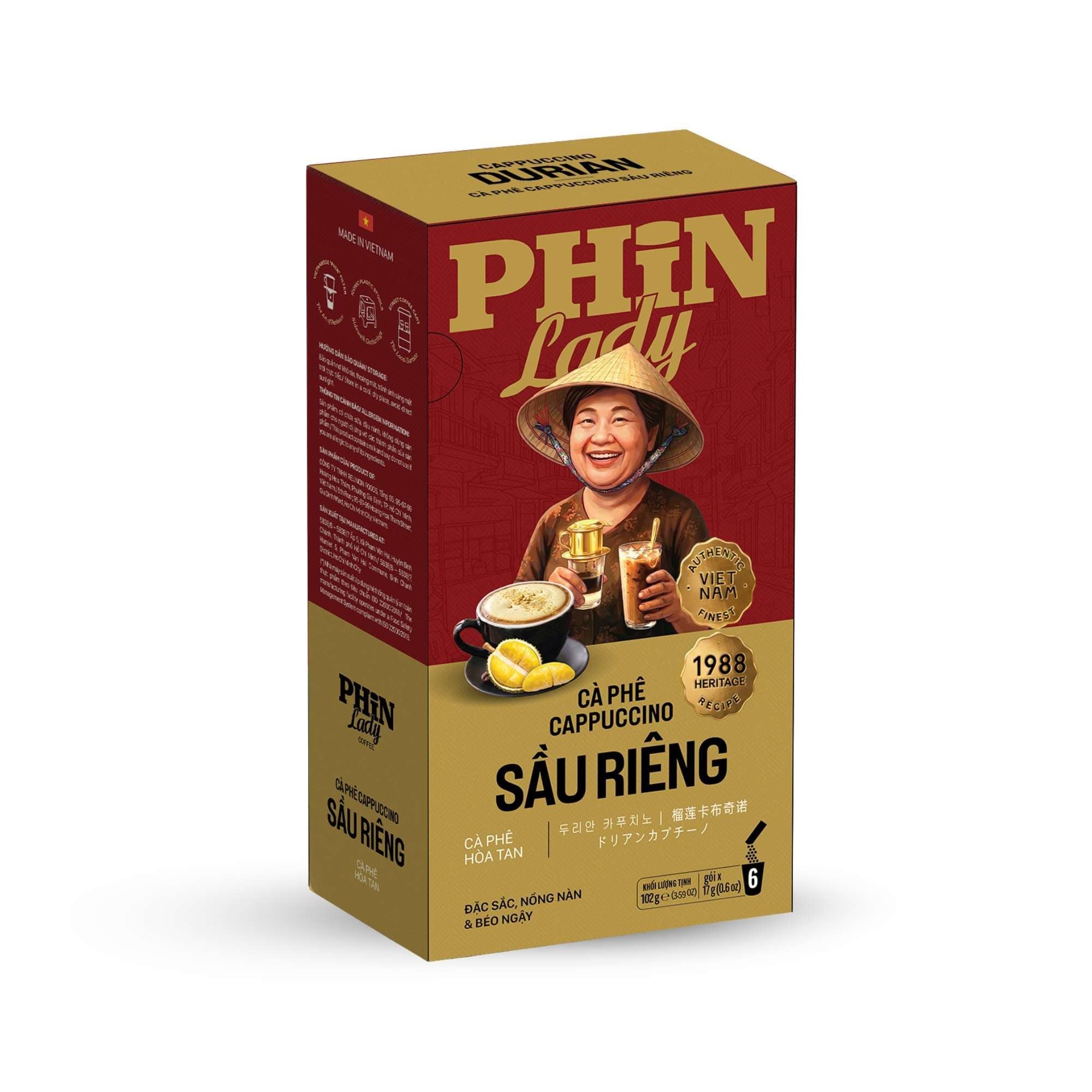  Cà Phê Hòa Tan Cappuccino Sầu Riêng Phin Lady (17g x 6) (Hộp giấy) 