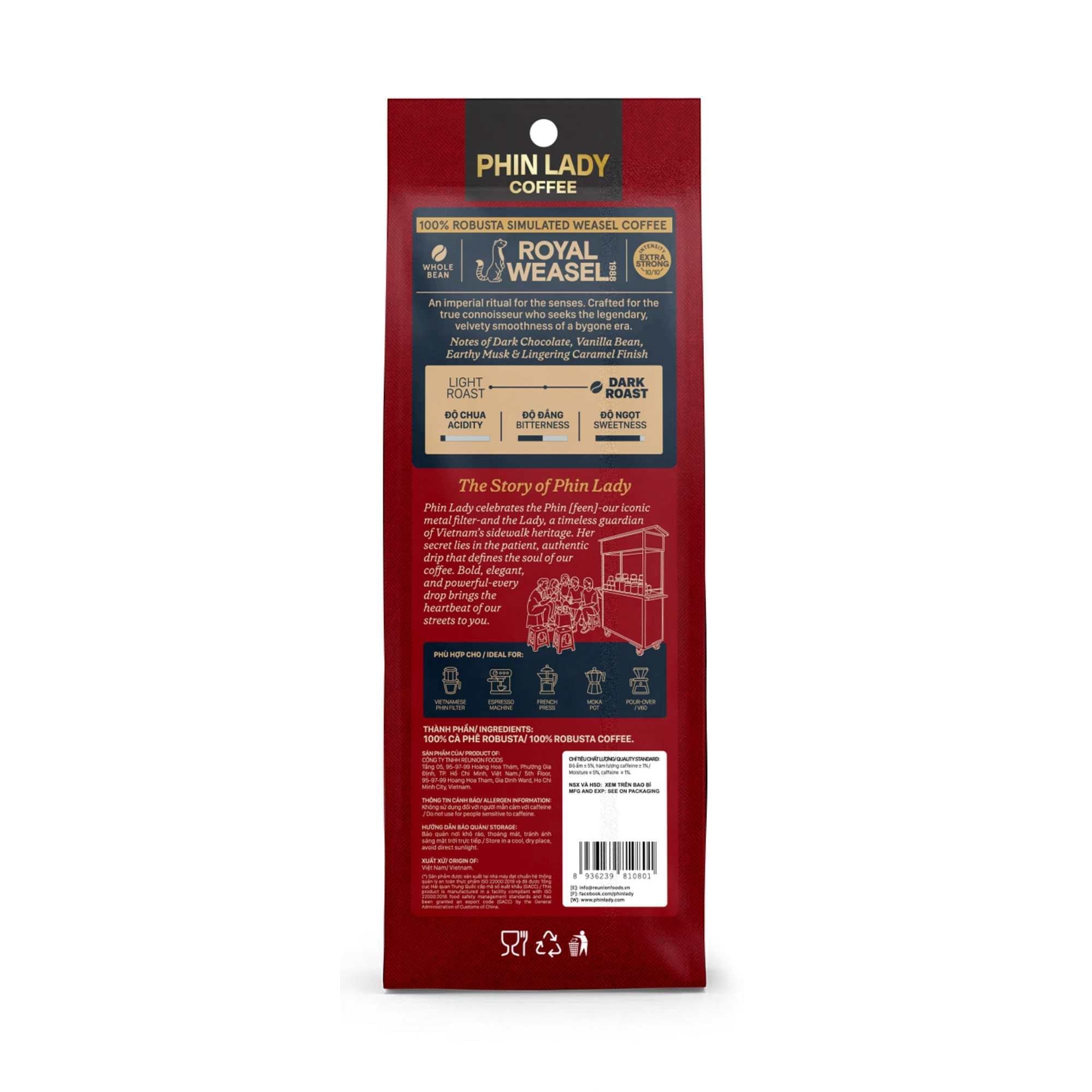  100% Robusta | Cà phê hạt Royal Weasel 1998 hương chồn Phin Lady 250 g (Túi) 