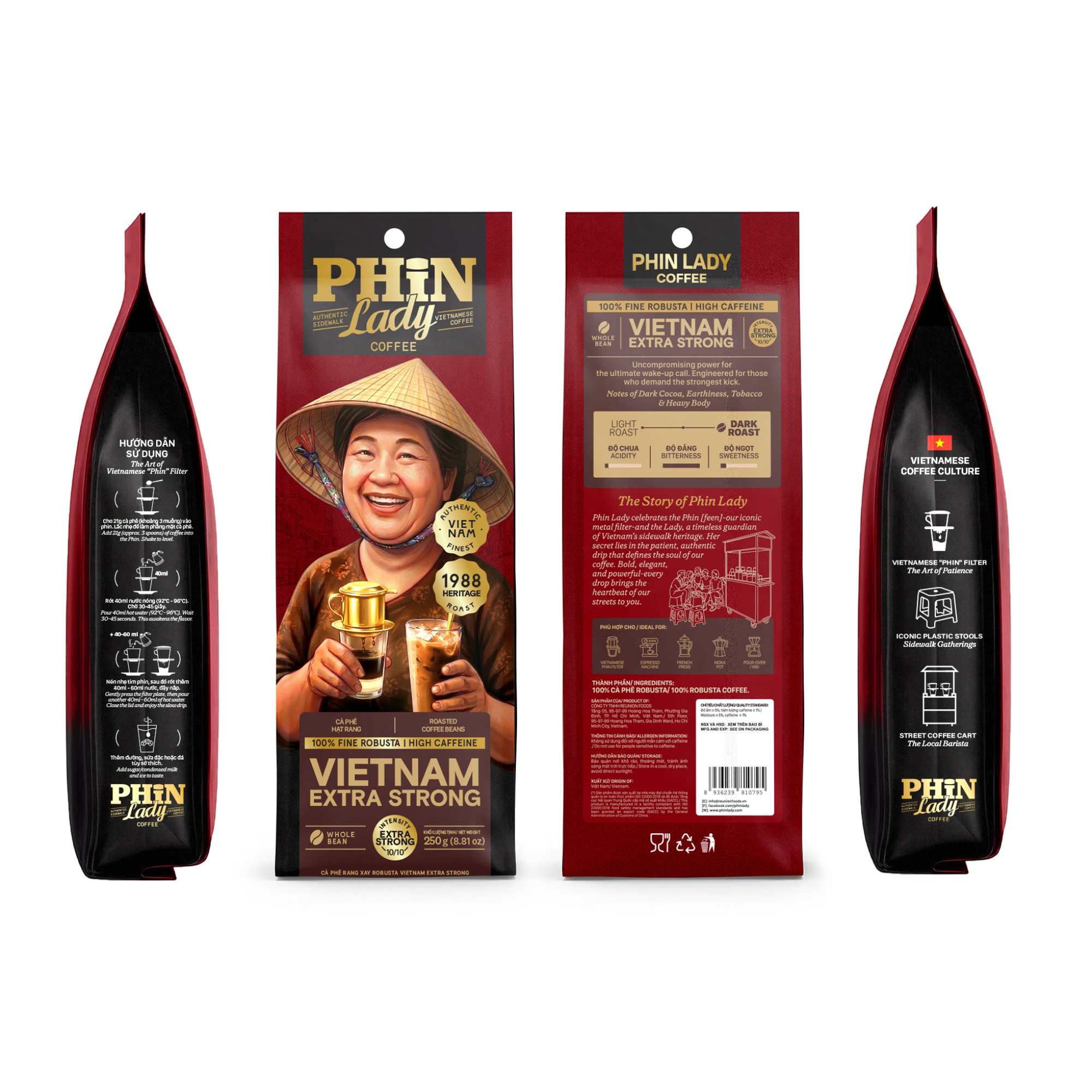  100% Robusta | Cà phê hạt Vietnam Extra Strong Phin Lady 250 g (Túi) 