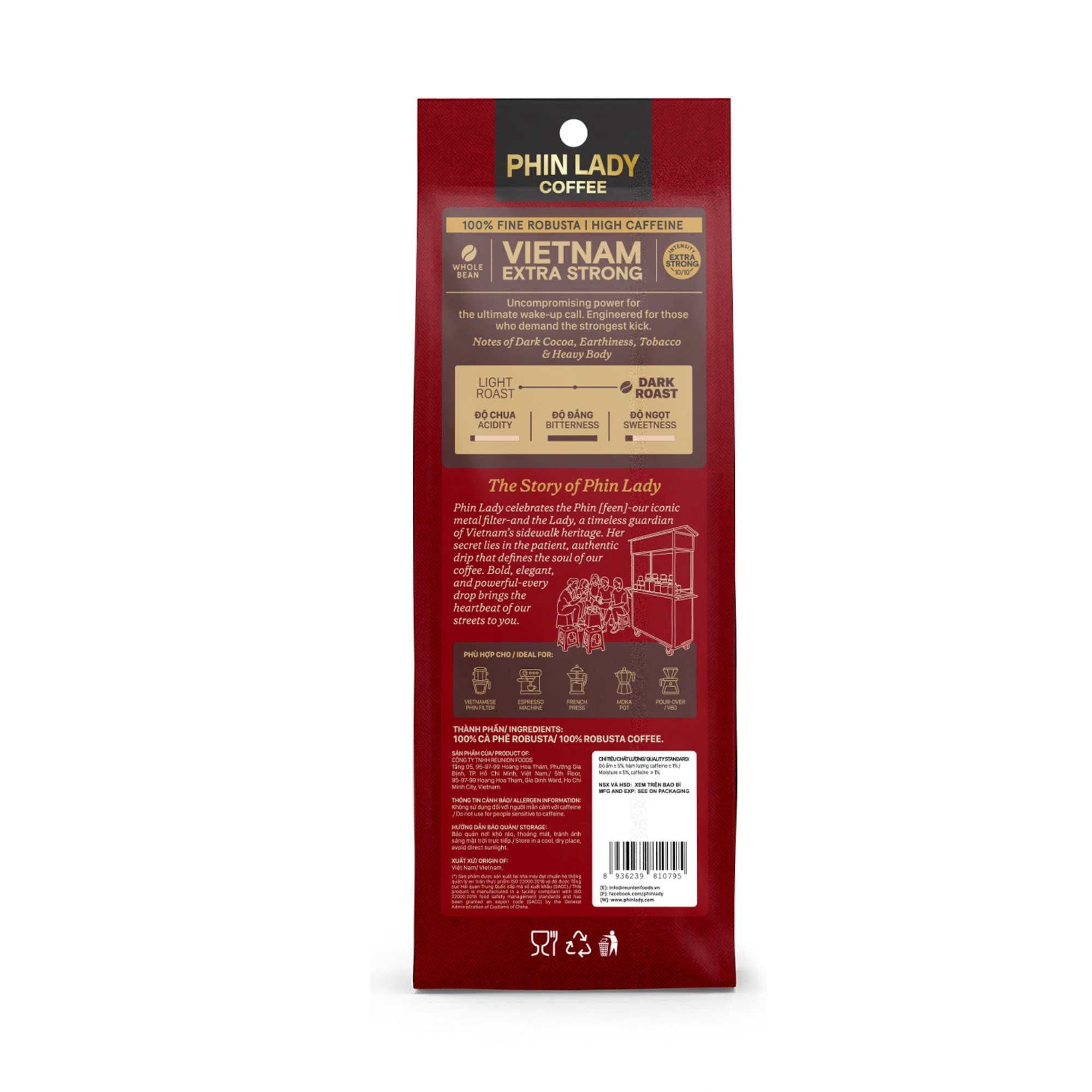  100% Robusta | Cà phê hạt Vietnam Extra Strong Phin Lady 250 g (Túi) 