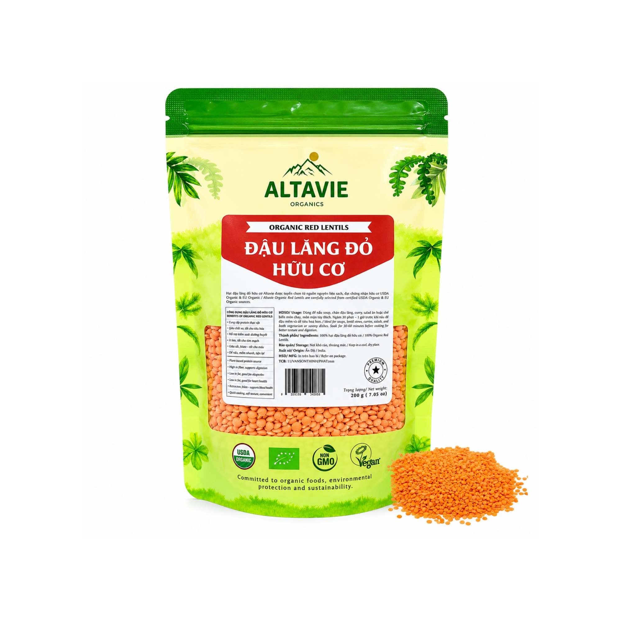  Đậu lăng đỏ hữu cơ Altavie 200 g (Túi) 