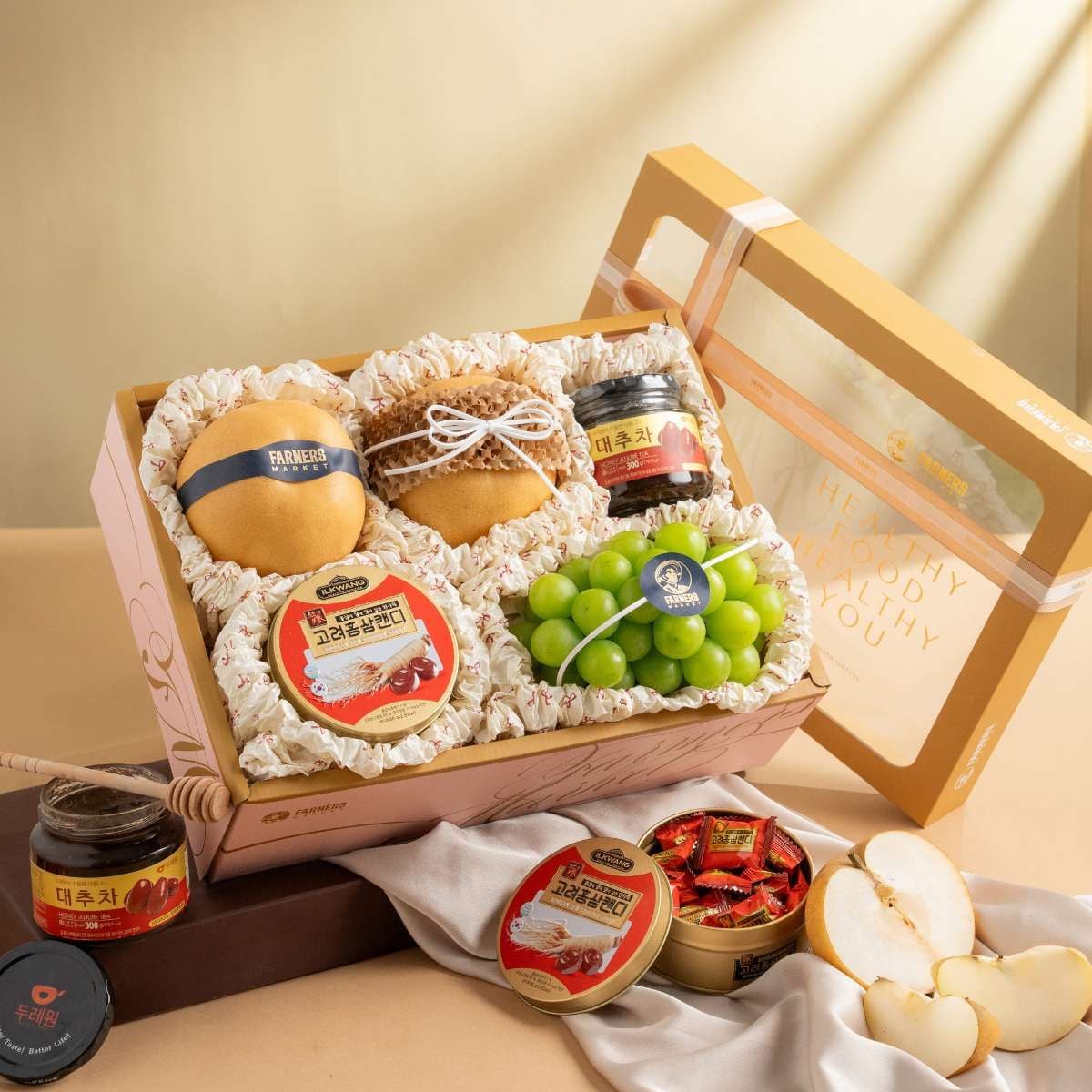  Hộp Quà Trái Cây - Kẹo Sâm Và Trà Hàn Quốc Tone Hồng Tiêu Chuẩn 