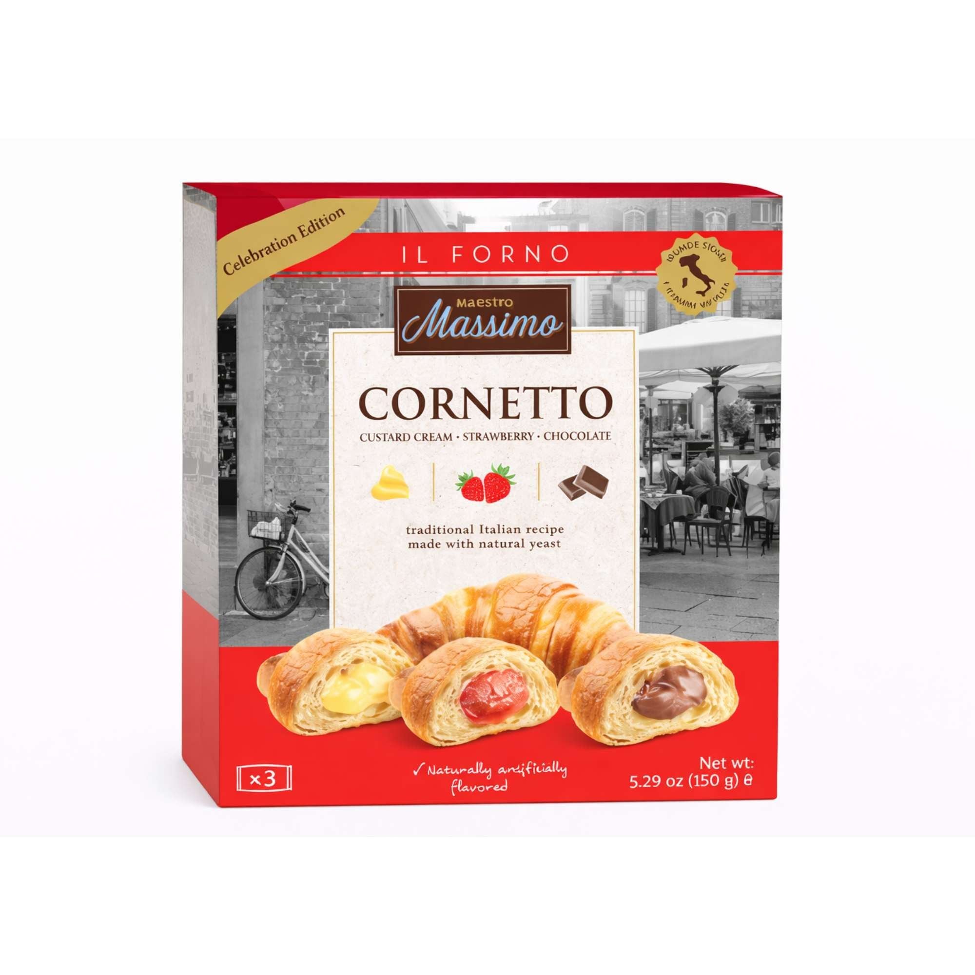  Bánh sừng trâu Cornetto kem sữa - dâu - sô cô la Massimo 150g (Hộp giấy) 