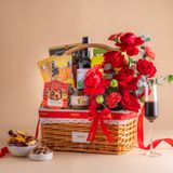  Giỏ Quà Rượu Vang Đỏ - Ăn Vặt Và Hoa Tone Đỏ Thanh Lịch 