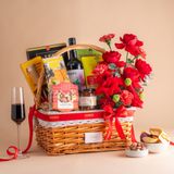  Giỏ Quà Rượu Vang Đỏ - Ăn Vặt Và Hoa Tone Đỏ Thanh Lịch 