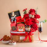  Giỏ Quà Rượu Vang Đỏ - Socola Và Hoa Tone Đỏ Thanh Lịch 