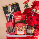  Giỏ Quà Rượu Vang Đỏ - Socola Và Hoa Tone Đỏ Thanh Lịch 