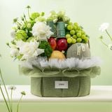  Giỏ Quà Trái Cây Tươi - Yến Và Hoa Tone Xanh Trắng Sang Trọng 