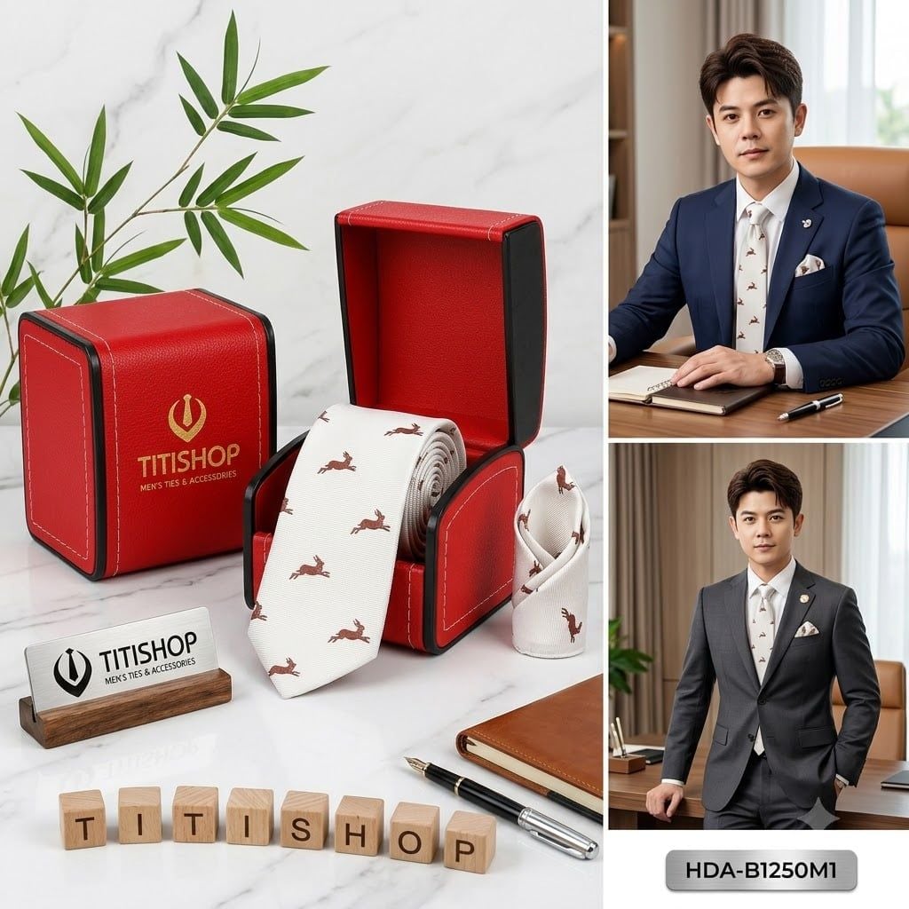 Bộ 2 Món Hộp Da & Cavat + Khăn Cài TITISHOP ( Tặng Sang )