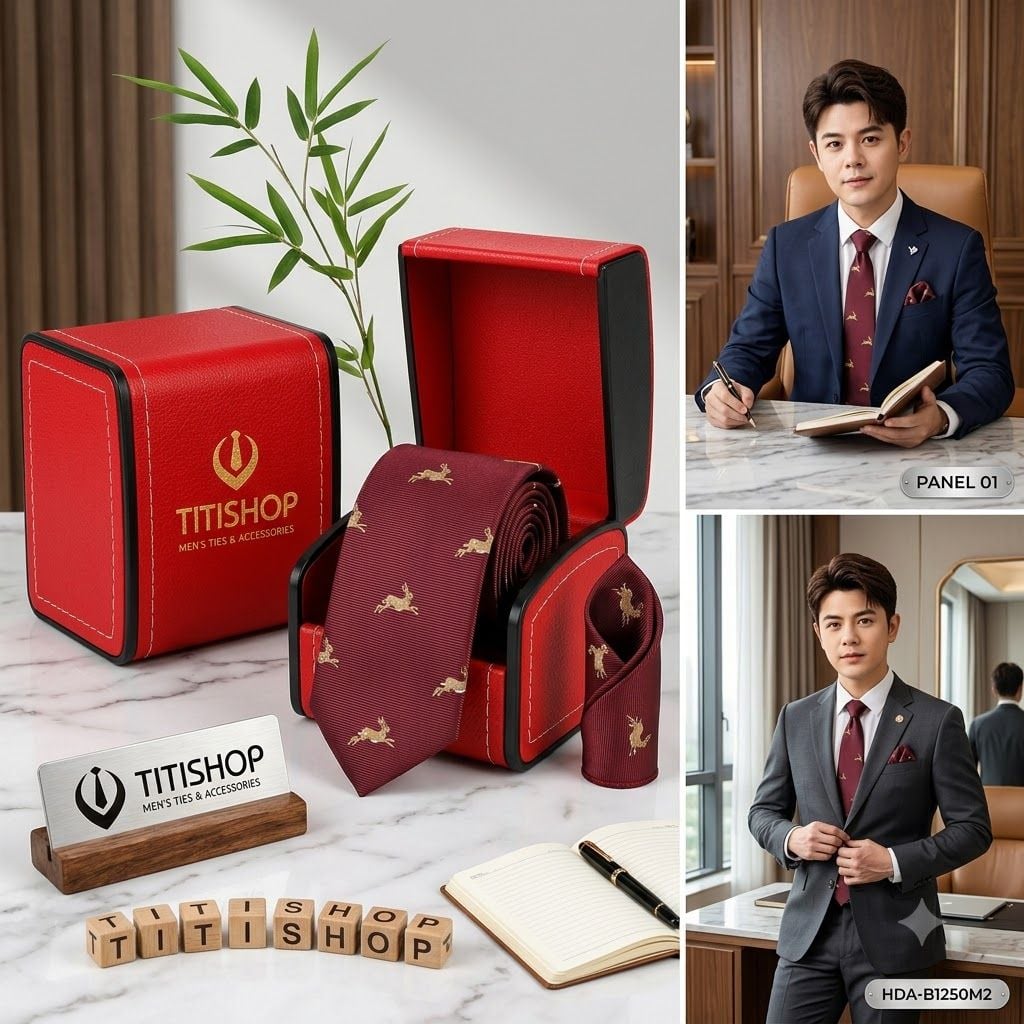 Bộ 2 Món Hộp Da & Cavat + Khăn Cài TITISHOP ( Tặng Sang ) - 001