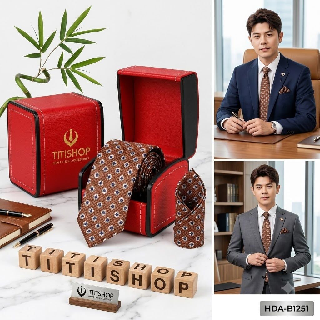 Bộ 2 Món Hộp Da & Cavat + Khăn Cài TITISHOP ( Tặng Sang ) - 002