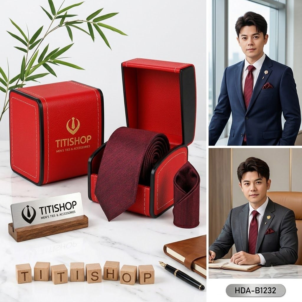 Bộ 2 Món Hộp Da & Cavat + Khăn Cài TITISHOP ( Tặng Sang ) - 004