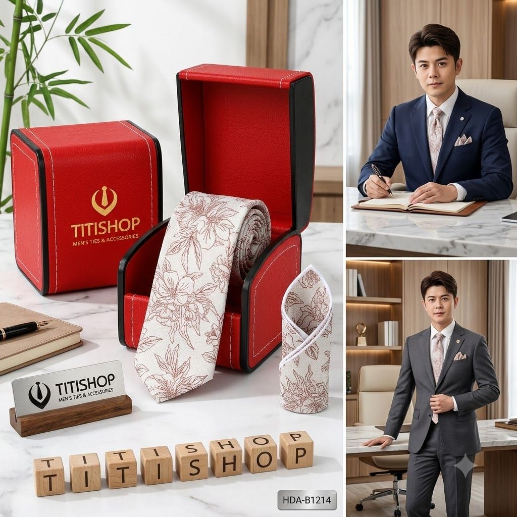 Bộ 2 Món Hộp Da & Cavat + Khăn Cài TITISHOP ( Tặng Sang ) - 005