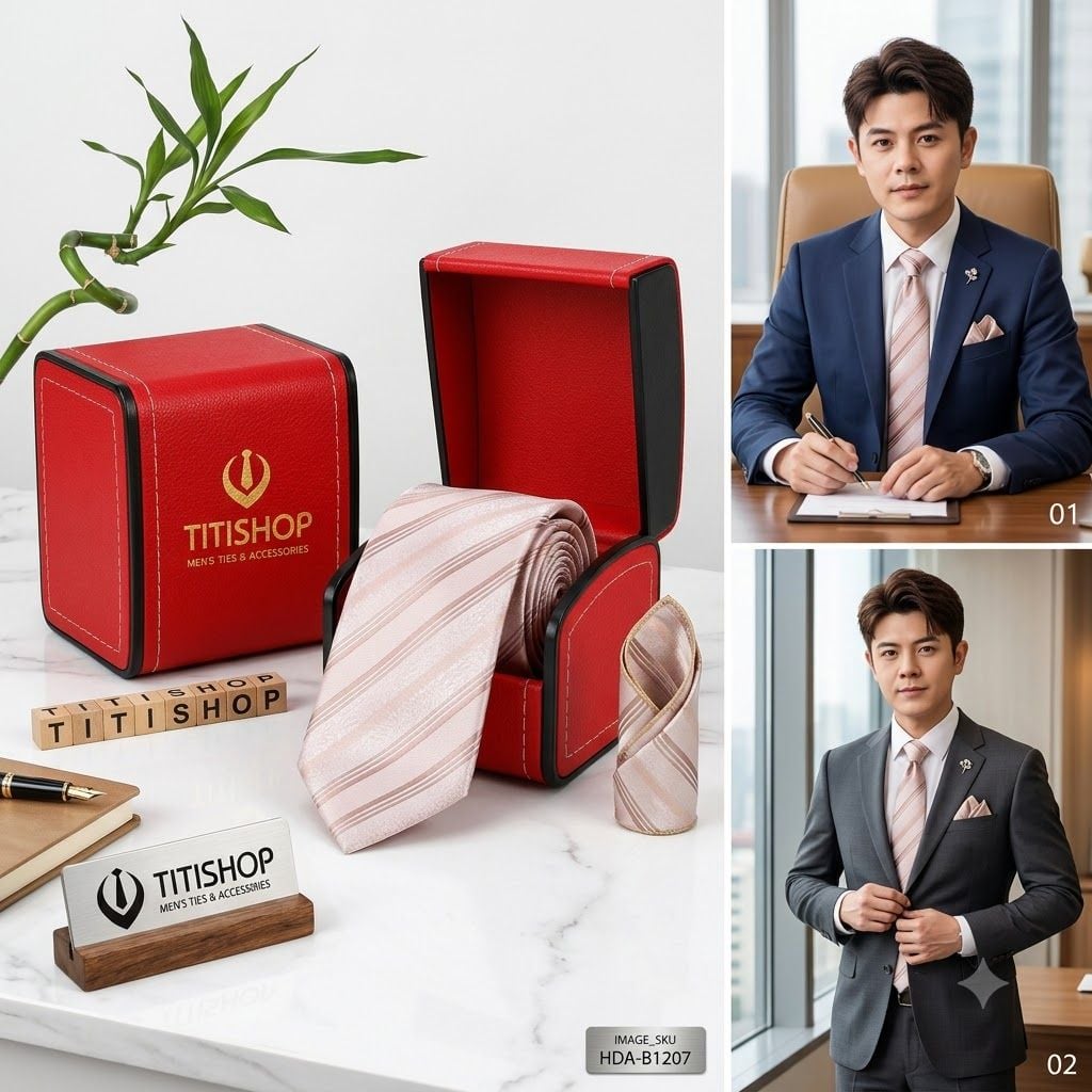 Bộ 2 Món Hộp Da & Cavat + Khăn Cài TITISHOP ( Tặng Sang ) - 008