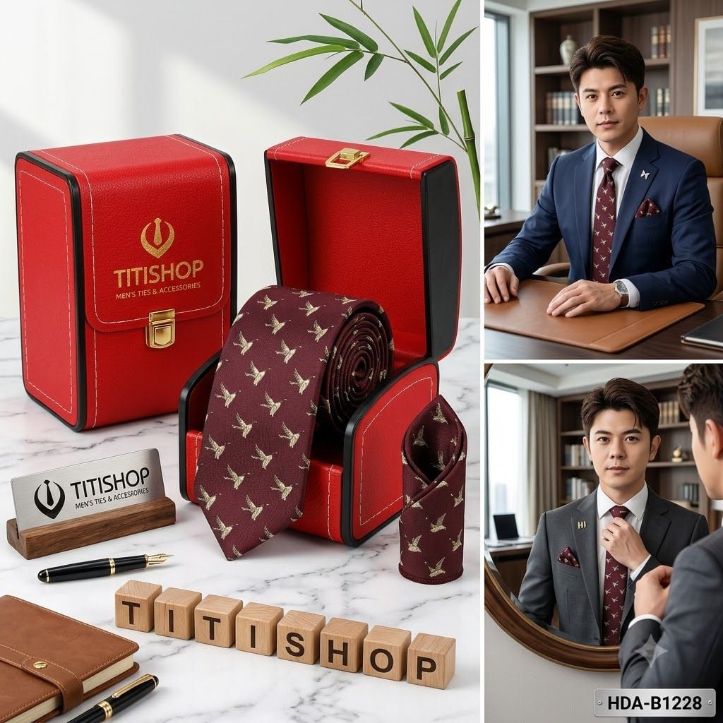 Bộ 2 Món Hộp Da & Cavat + Khăn Cài TITISHOP ( Tặng Sang ) - 024