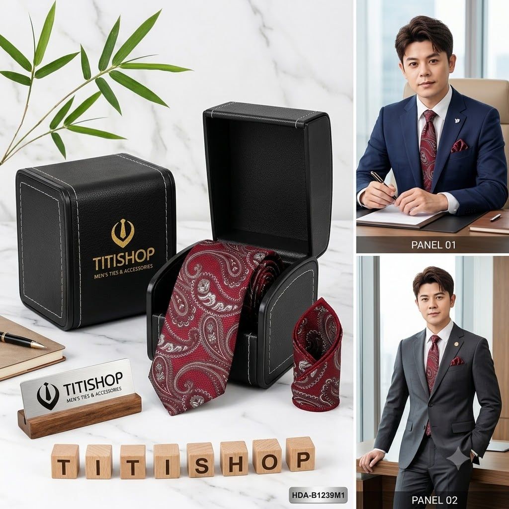 Bộ 2 Món Hộp Da & Cavat + Khăn Cài TITISHOP ( Tặng Sang ) - 026