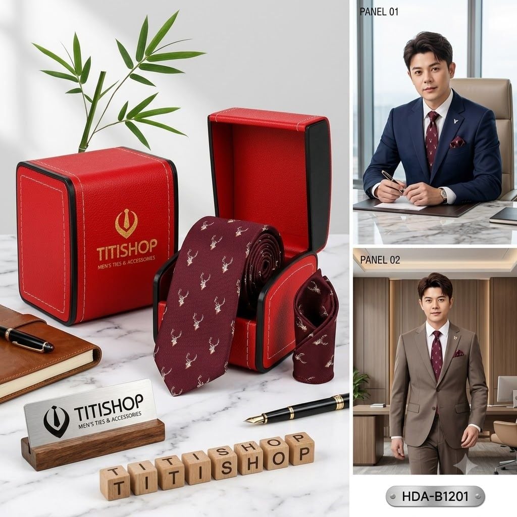 Bộ 2 Món Hộp Da & Cavat + Khăn Cài TITISHOP ( Tặng Sang ) - 027