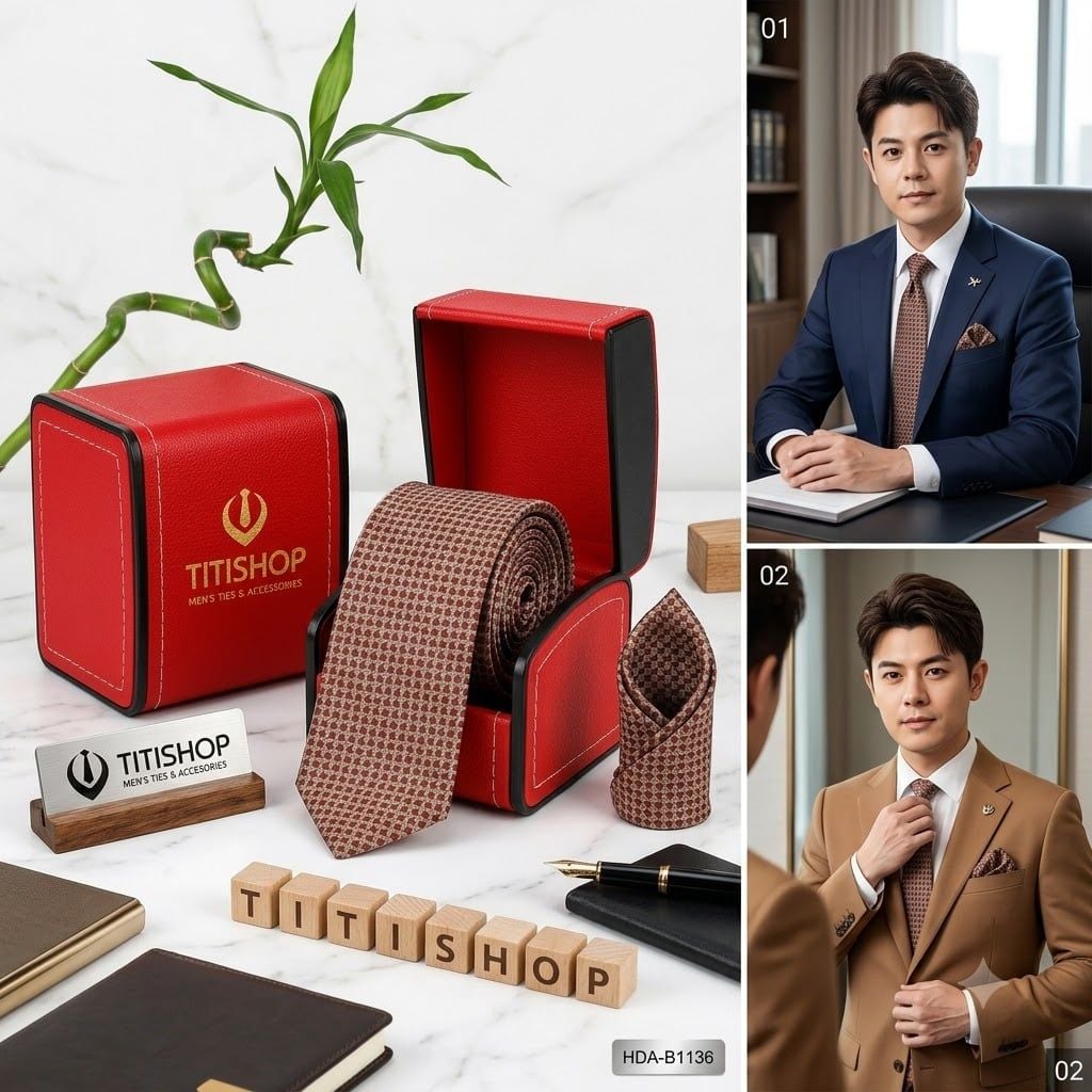 Bộ 2 Món Hộp Da & Cavat + Khăn Cài TITISHOP ( Tặng Sang ) - 029