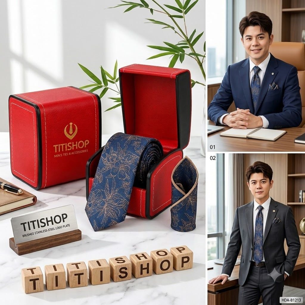 Bộ 2 Món Hộp Da & Cavat + Khăn Cài TITISHOP ( Tặng Sang ) - 036