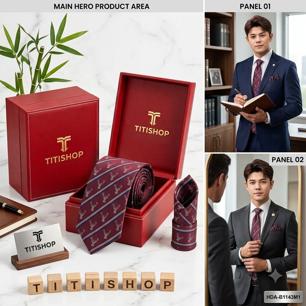 Bộ 2 Món Hộp Da & Cavat + Khăn Cài TITISHOP ( Tặng Sang ) - 044