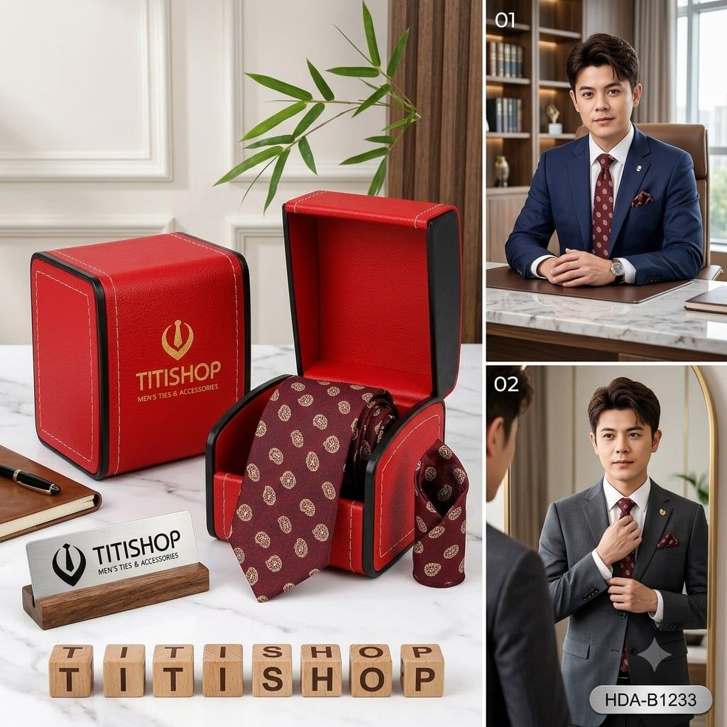 Bộ 2 Món Hộp Da & Cavat + Khăn Cài TITISHOP ( Tặng Sang ) - 045
