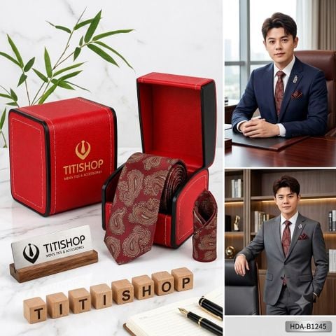 Bộ 2 Món Hộp Da & Cavat + Khăn Cài TITISHOP ( Tặng Sang ) - 069