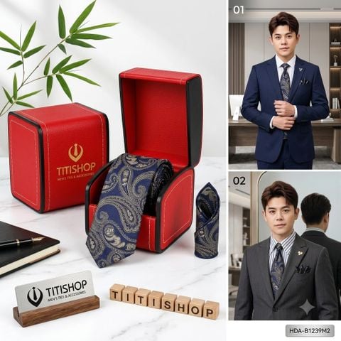 Bộ 2 Món Hộp Da & Cavat + Khăn Cài TITISHOP ( Tặng Sang ) - 070